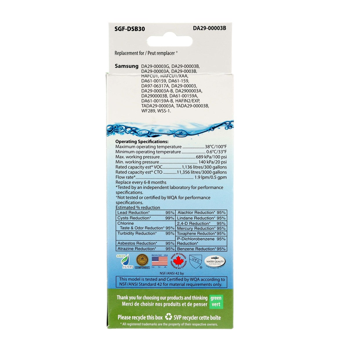 Swift Green Filter SGF-DSB30 VOC Removal Refrigerator Water Filter - Equivalent to Samsung DA29-00003G, DA2900003AB Supco
